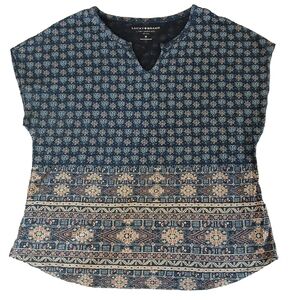 Lucky Brand Cap Sleeve Printed Cotton Blend Blue Multicolor Vneck T-shirt